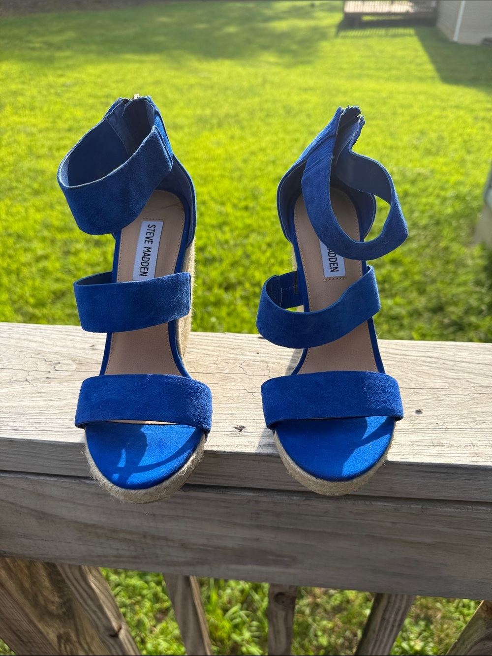 Steve Madden Royal Blue Suede Three-Strap Wedge Sandals